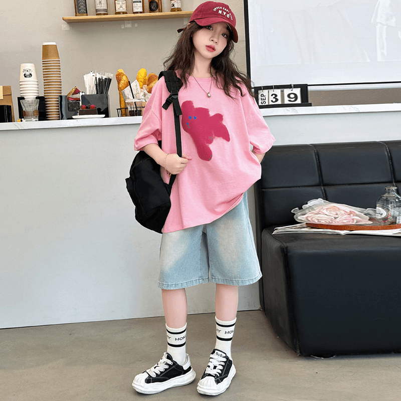 女童卡通涂鸦短袖t恤简约时尚2024年夏季新款中大童宽松舒适上衣