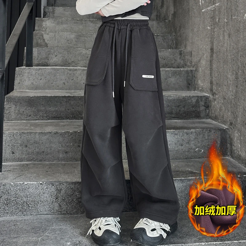 女童秋冬两穿褶皱工装裤加绒中大童潮酷阔腿裤2024新款垂感休闲裤