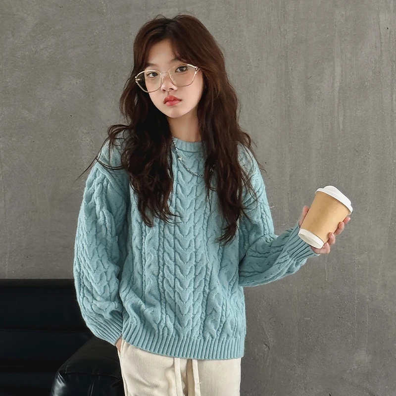 女童麻花毛衣秋冬加厚保暖2024新款中大童圆领套头针织上衣百搭款