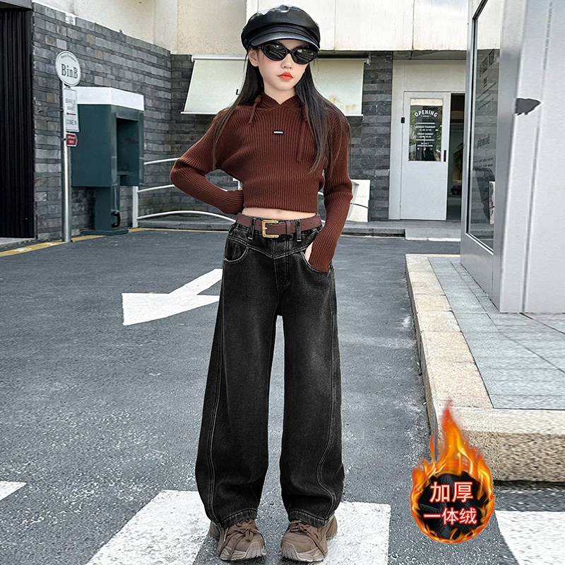 女童牛仔弯刀裤秋冬季加绒裤子2024新款中大童潮酷宽松直筒裤洋气