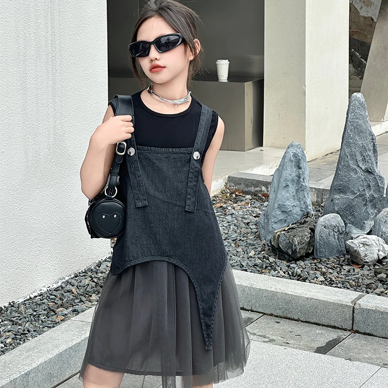 女童潮酷夏款黑色不规则牛仔纱裙套装2024新款中大童洋气背带裙