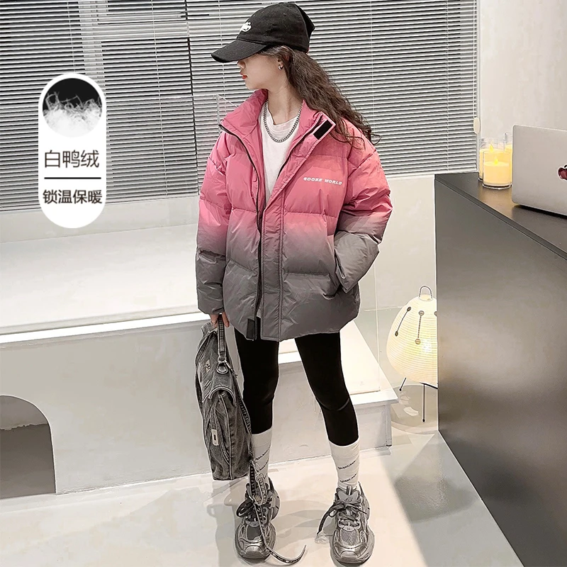 女童羽绒服冬装2023新款洋气中大儿童冬季白鸭绒渐变色外套甜酷风