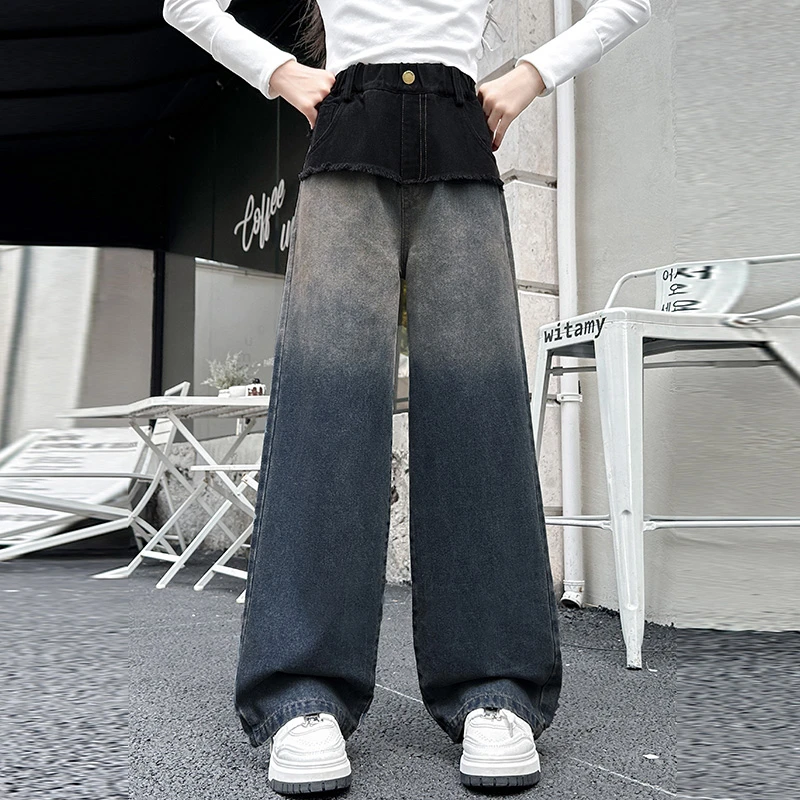 女童牛仔阔腿裤直筒窄版2024秋季新款中大童宽松休闲百搭时髦裤子