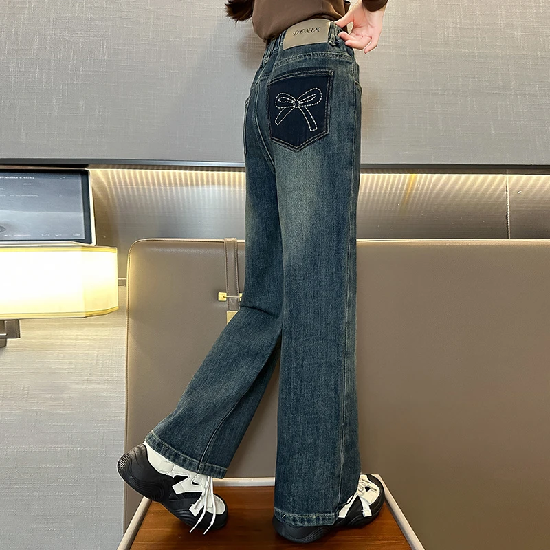 女童牛仔裤复古蝴蝶结阔腿裤垂感中大童洋气裤子2024新款宽松直筒