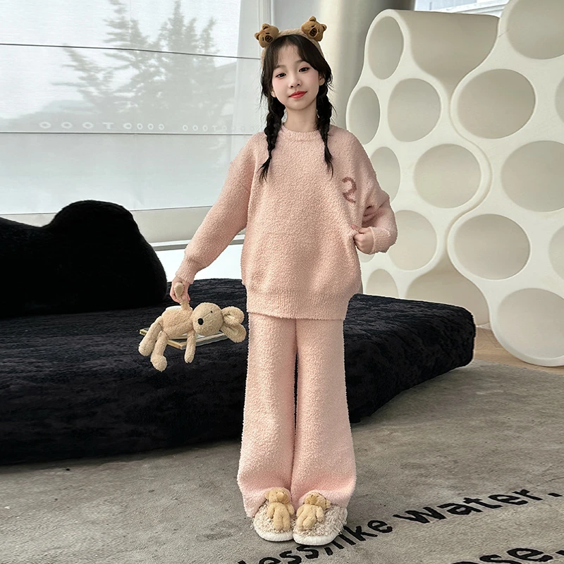 女童粉色甜美系女孩半边绒家居服秋冬季2024新款中大童睡衣两件套
