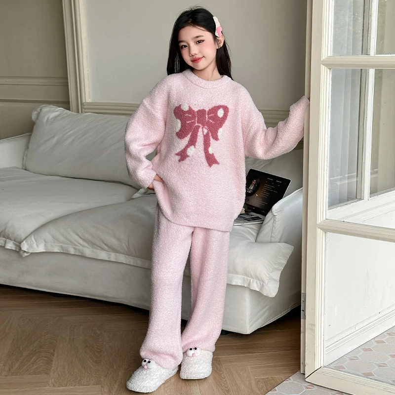 女童半边绒家居服可爱甜美风2024新款冬季软糯舒适加厚可外穿睡衣