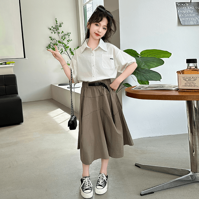 女童夏装套装裙洋气女孩2024夏季新款简单大方衬衫短袖两件套半裙