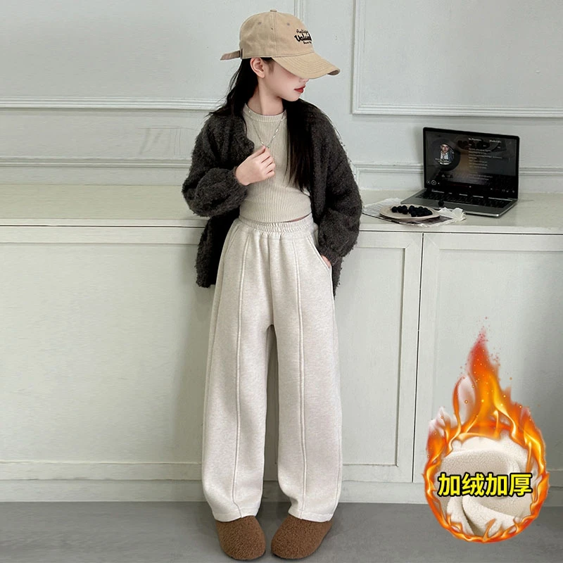 女童冬季裤子加绒保暖中大童窄版直筒阔腿裤2024新中大儿童休闲裤