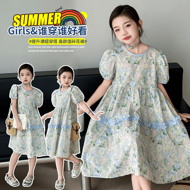 连衣裙韩版夏季印花碎花女童中大童