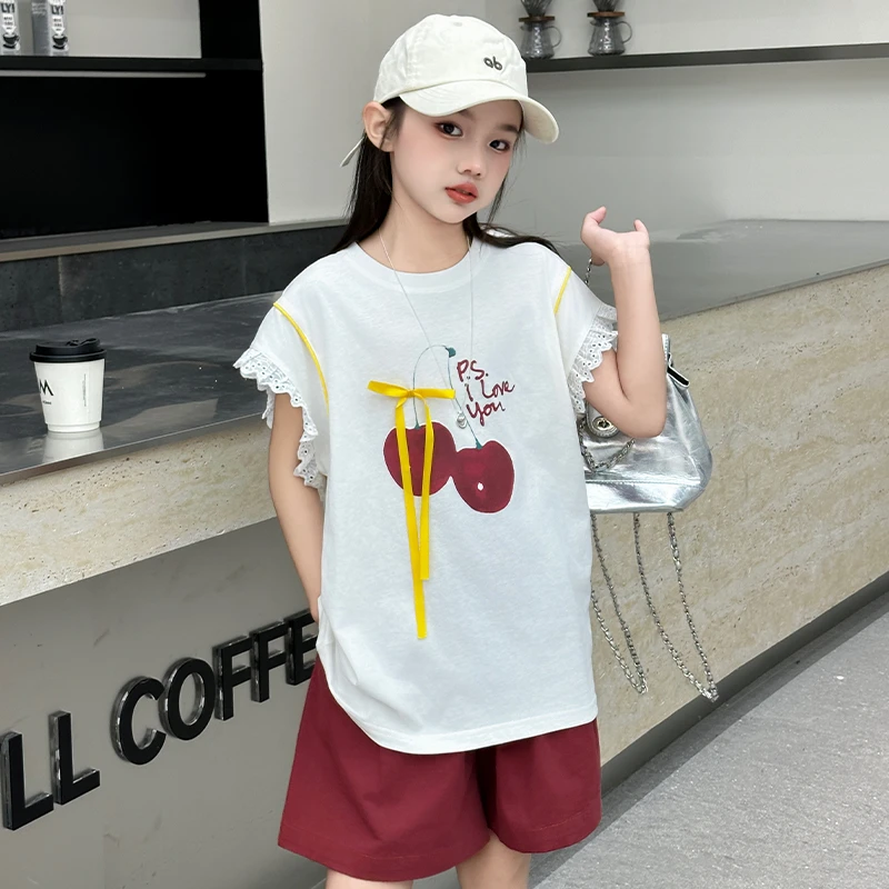 女童夏季休闲套装2024新款洋气甜美中大童小飞袖韩系两件套炸街潮