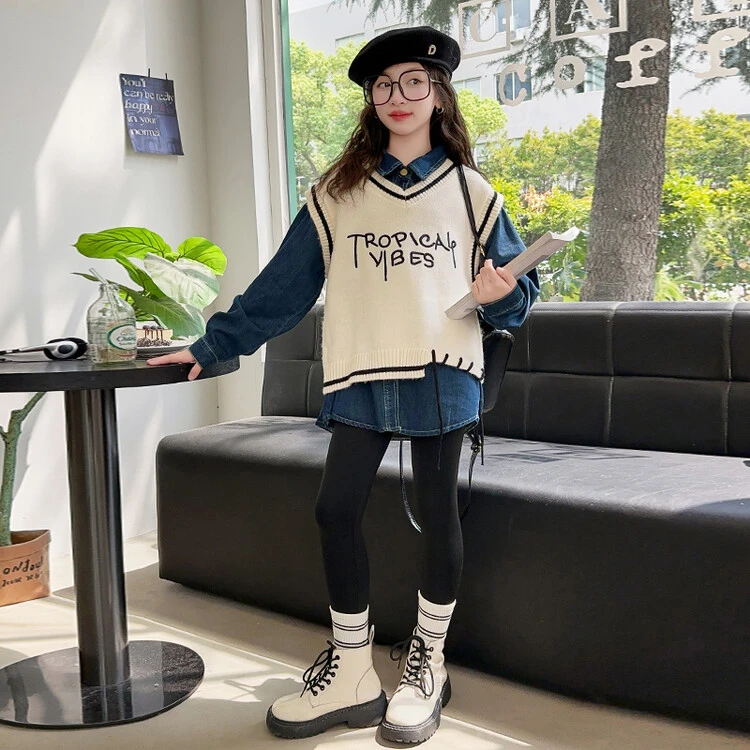 女童不规则设计感秋季针织马甲外穿2024新款潮酷女孩叠穿衬衫背心