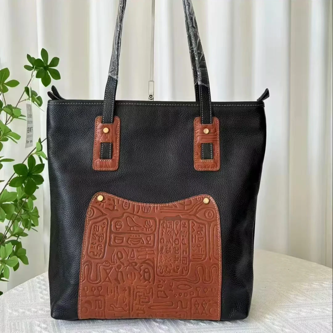 2024经典简约撞色牛皮单肩大包时尚休闲通勤