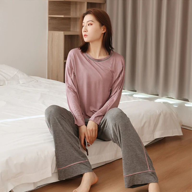 长袖睡衣女套装休闲莫代尔宽松夏季两件套春夏秋薄款长裤家居服女