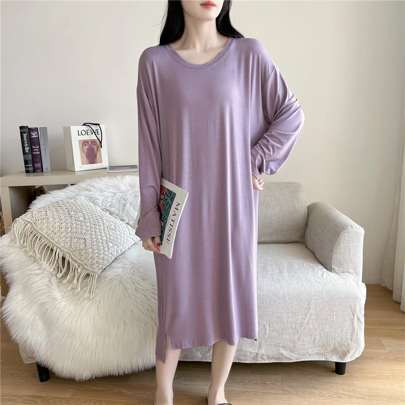 宽松大码连衣裙女春秋韩版莫代尔长袖家居服睡袍休闲薄显瘦睡衣裙