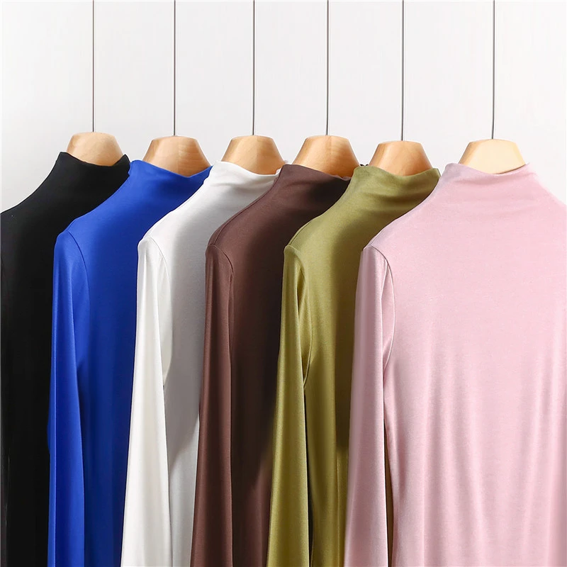 莫代尔半高领打底衫女内搭春季长袖T恤2023新款薄款修身中领上衣
