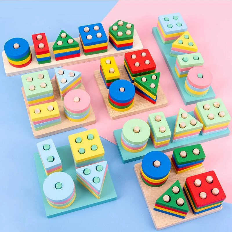 木制几何形状套柱 五套柱 智慧套柱马卡龙配对认知积木幼儿童玩具