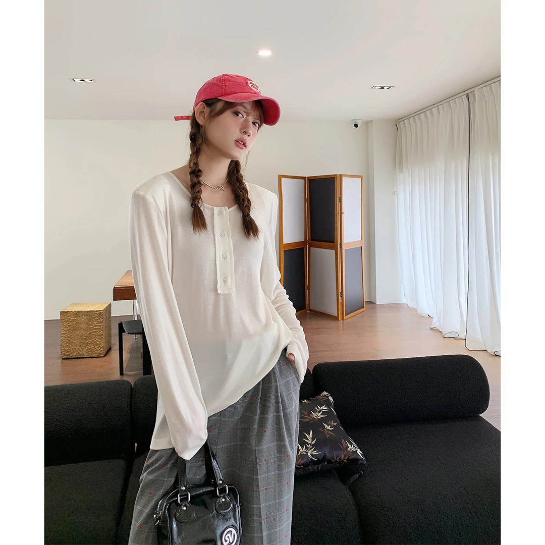 晶咕白标~美利奴天丝羊毛长袖T恤女夏季大码宽松慵懒风