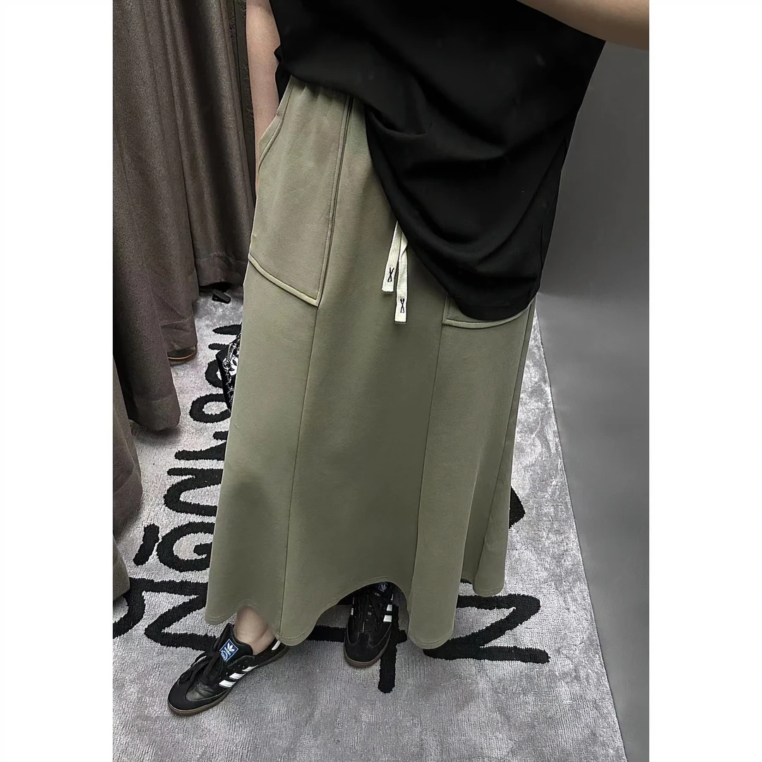 晶咕【追风日记】简约运动风抽绳A字中长款半身裙夏季潮流美式