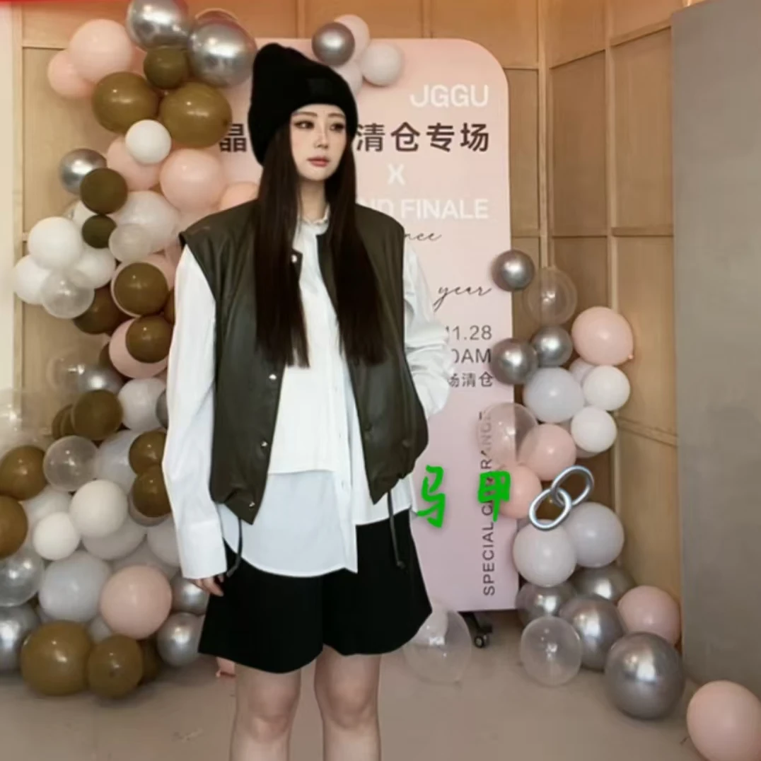 晶咕美拉德色圆领软皮无袖马甲百搭短款网红气质