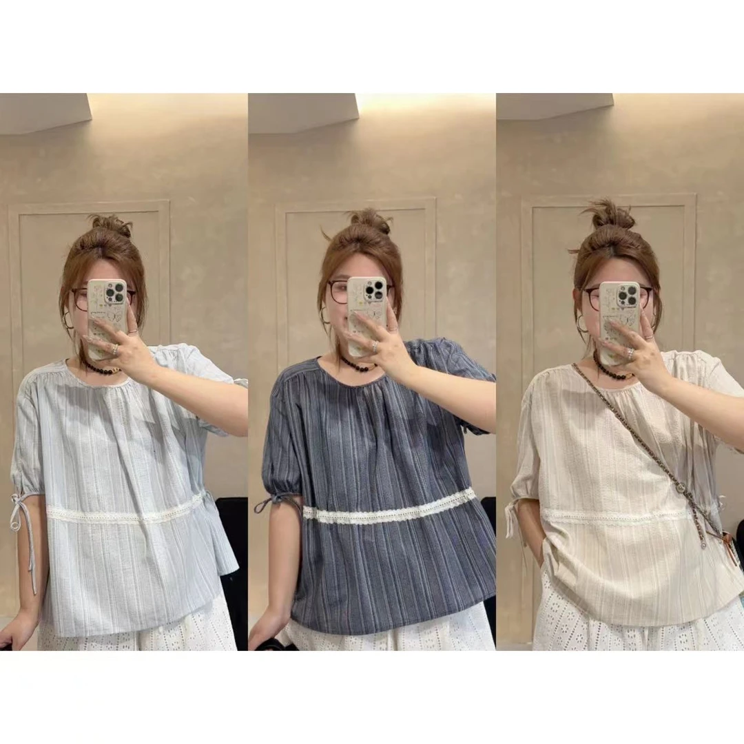 晶咕【千岛森会】圆领蕾丝拼接系带袖口小衫质感短袖T恤日系