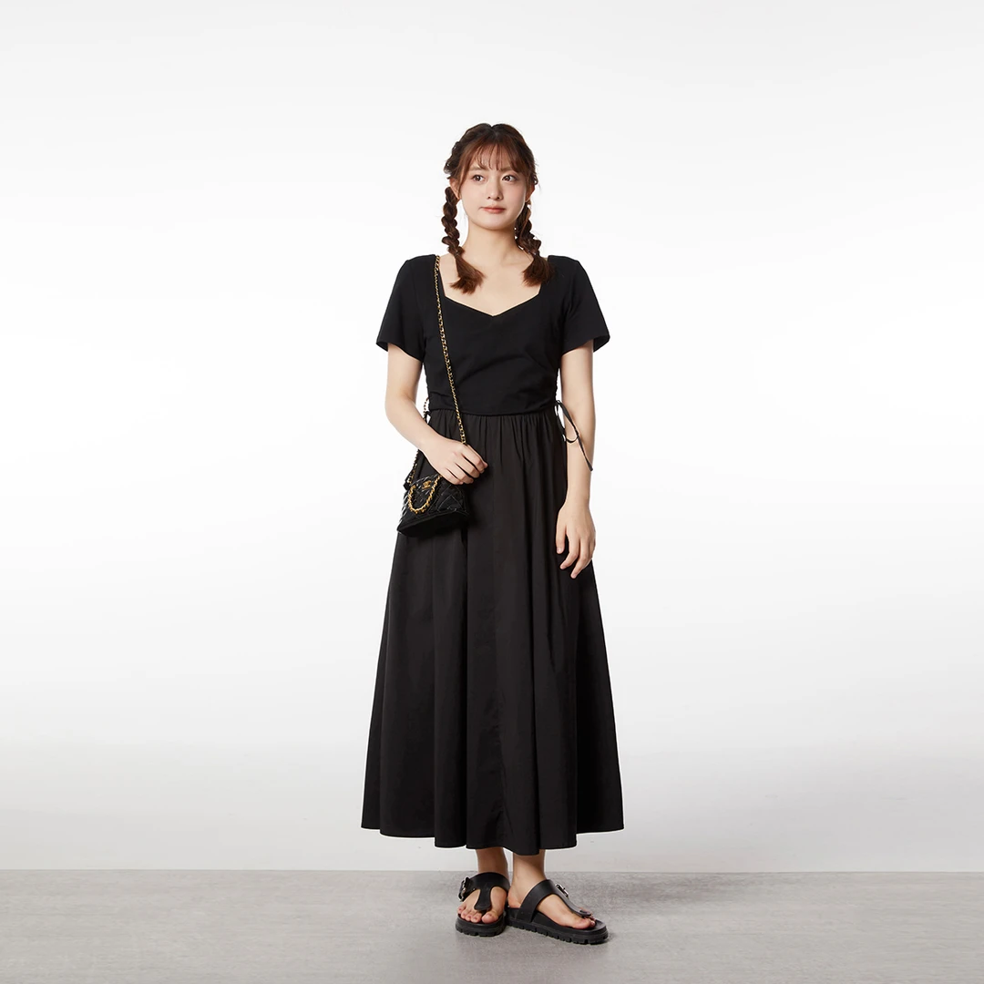 晶咕绿标~经典款方领侧绑带连衣裙女夏季长款收腰气质