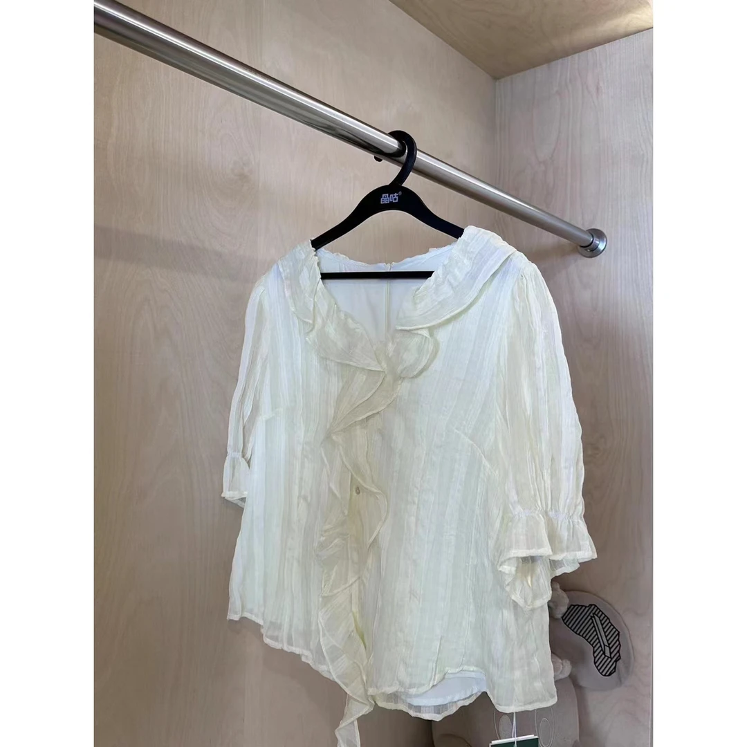 晶咕春季V领荷叶边喇叭袖衬衫设计感系带泡泡袖时尚气