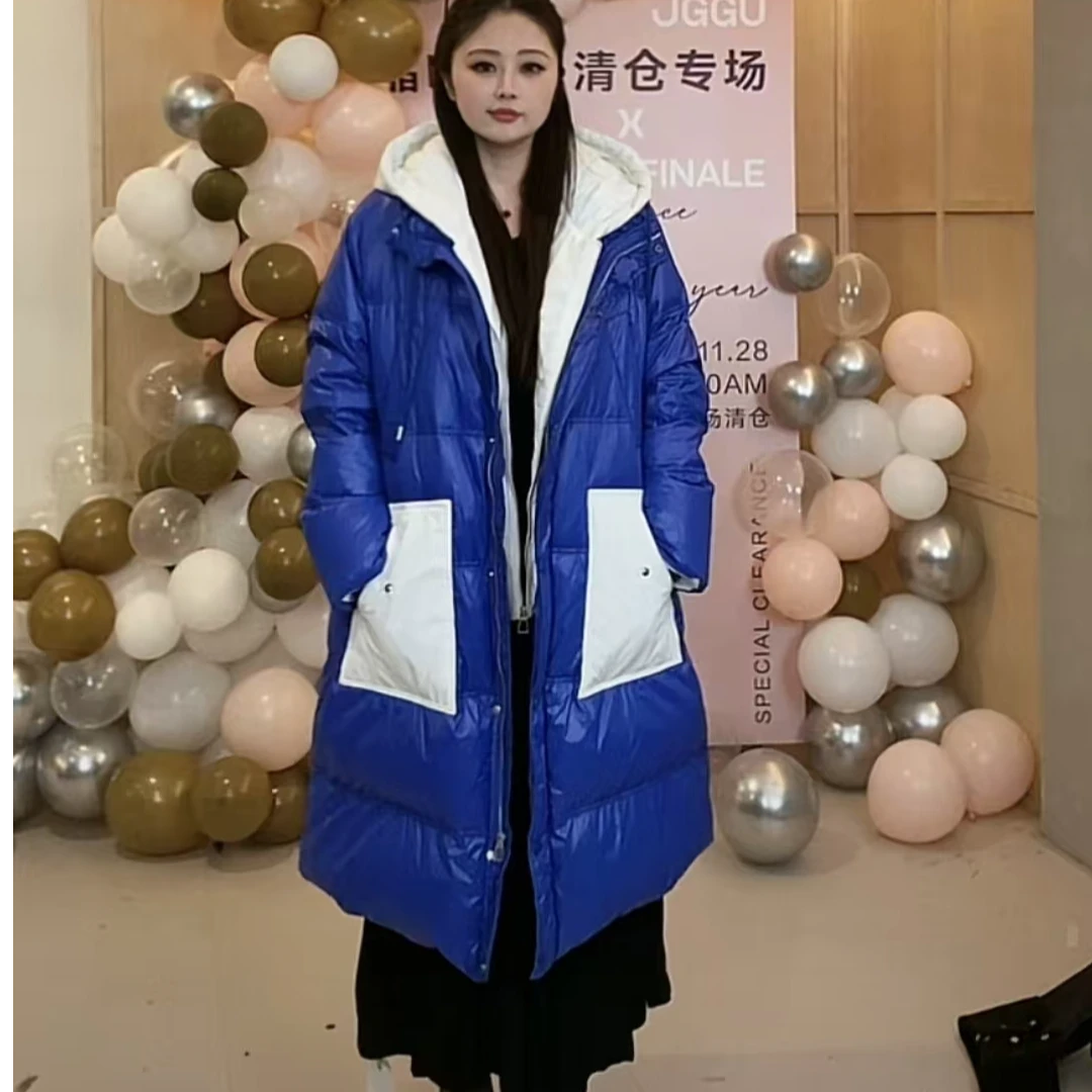 晶咕三色羽绒服时尚休闲连帽宽松长款中长款冬季百搭