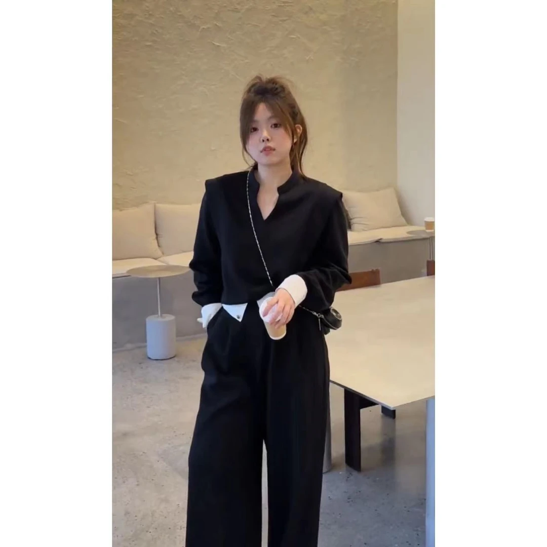 晶咕【书店-卫衣】设计感拼接假两件小V领卫衣时尚休闲气质显瘦