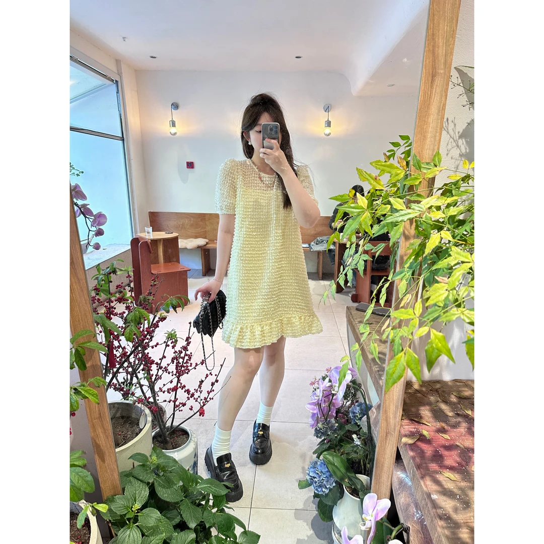 晶咕【奶油芝士】小香风甜美显瘦气质小众减龄泡泡袖宽松连衣裙