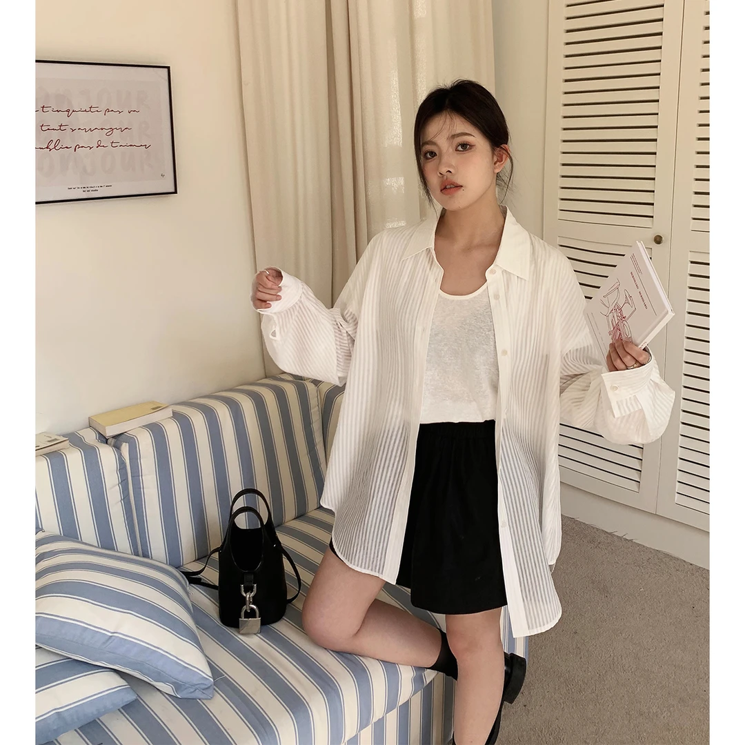 晶咕白标~白桃气泡~混纺竖纹路小透视感防晒衬衫衬衣长袖白色