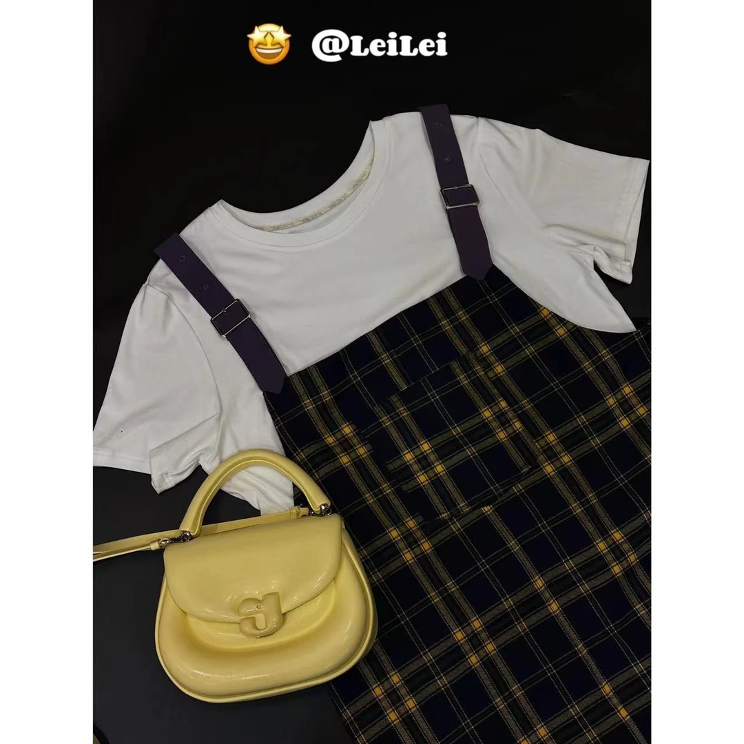 晶咕「英伦画报」日系格子撞色个性气质背带裙连衣裙