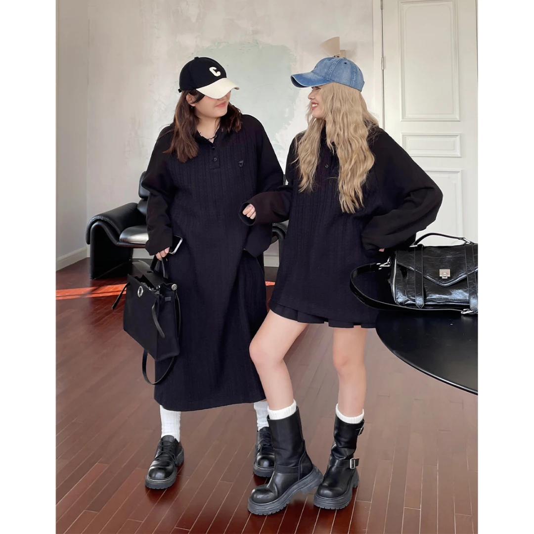 晶咕白标~美式~拼接连帽卫衣+卫衣裙长毛衣开衫慵懒