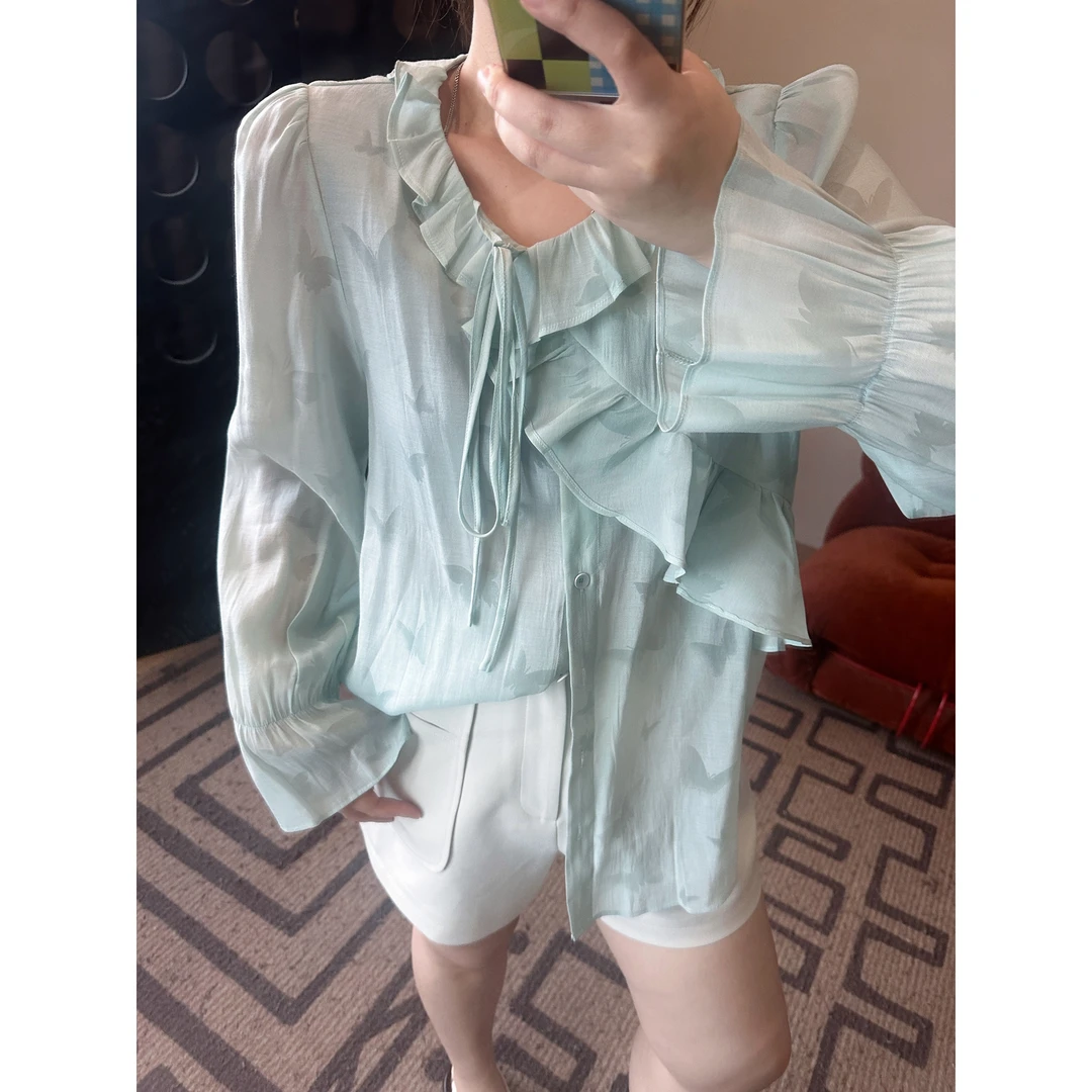 晶咕【露水薄荷】夏季法式气质薄款荷叶边系带设计感长袖衬衫