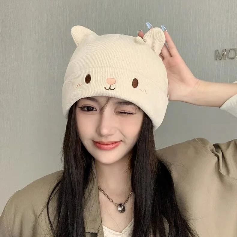 2025春秋季网红月子帽女韩版学生针织帽可爱猫耳朵百搭堆堆帽冷帽