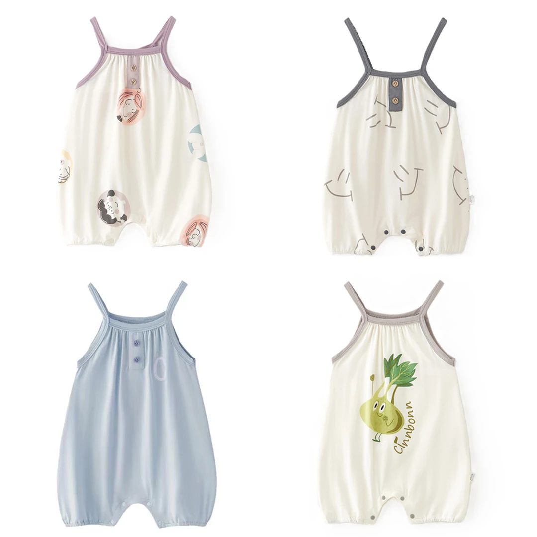 婴儿吊带连体衣夏季薄款宝宝莫代尔哈衣爬爬服新生儿夏天衣服睡衣