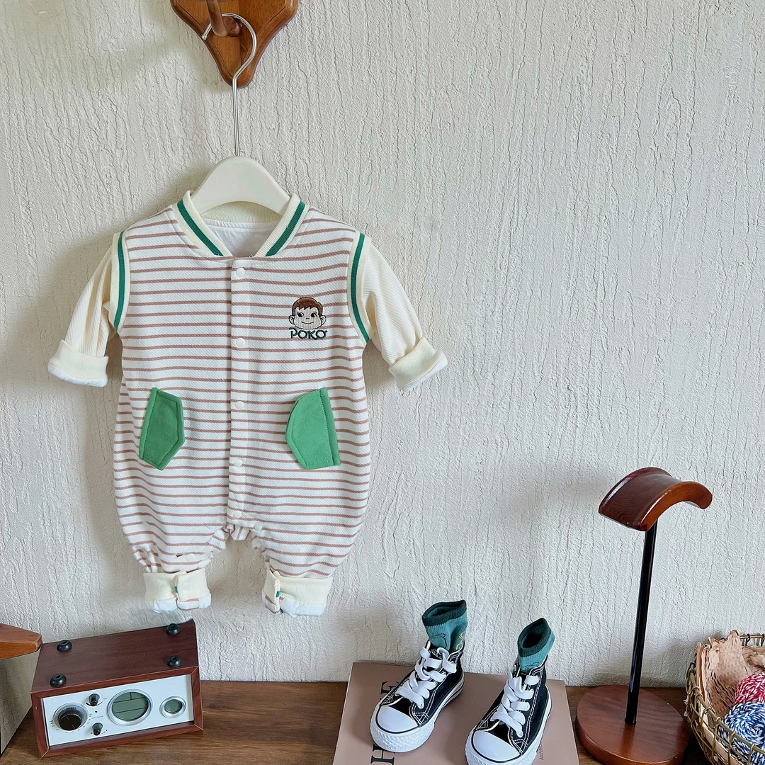条纹连体衣长袖儿童卡通不二团团哈衣新生儿拼色拼接婴童