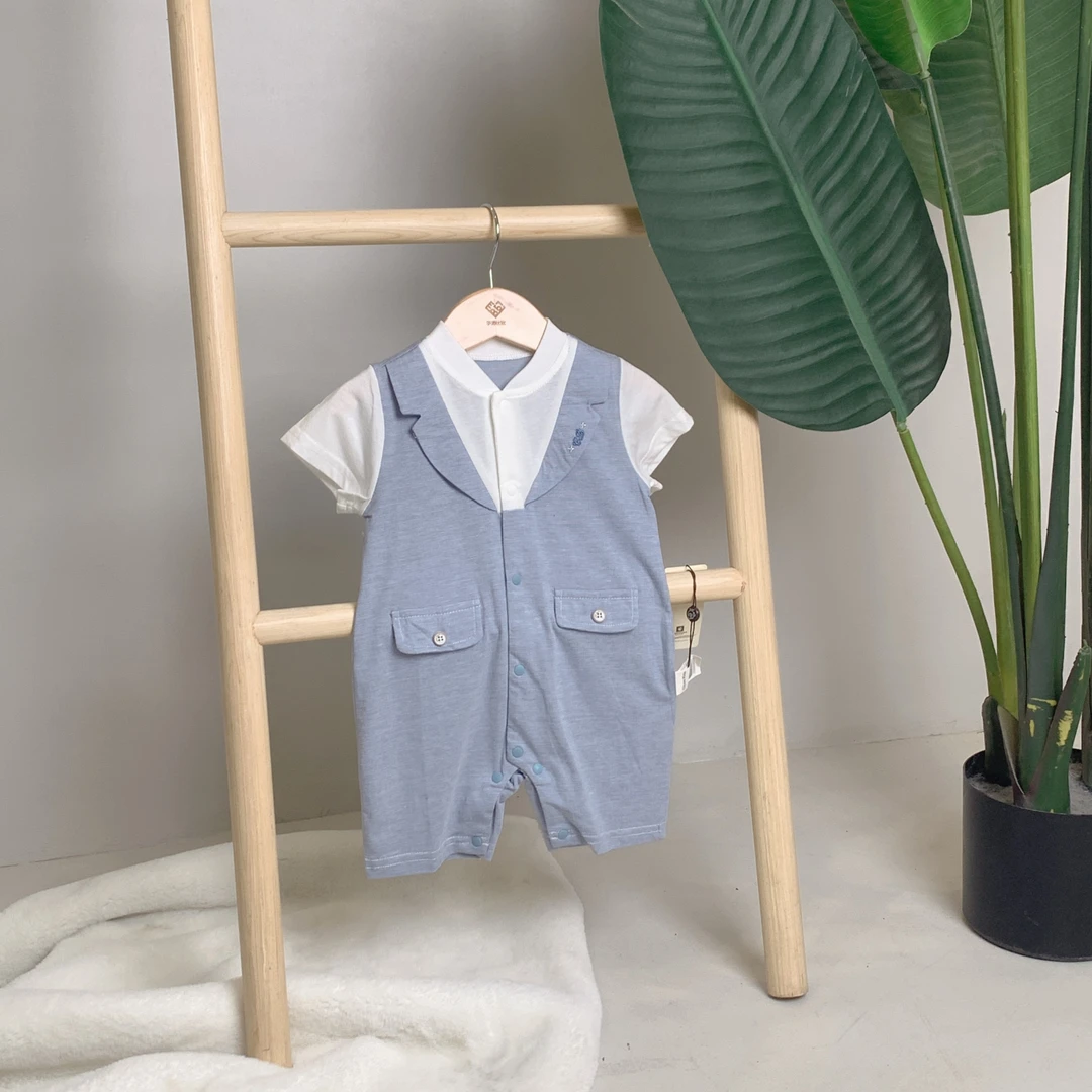 儿童爵士盛宴蓝色绅士男童宝宝夏款短袖婴儿哈衣爬服连体衣拼接