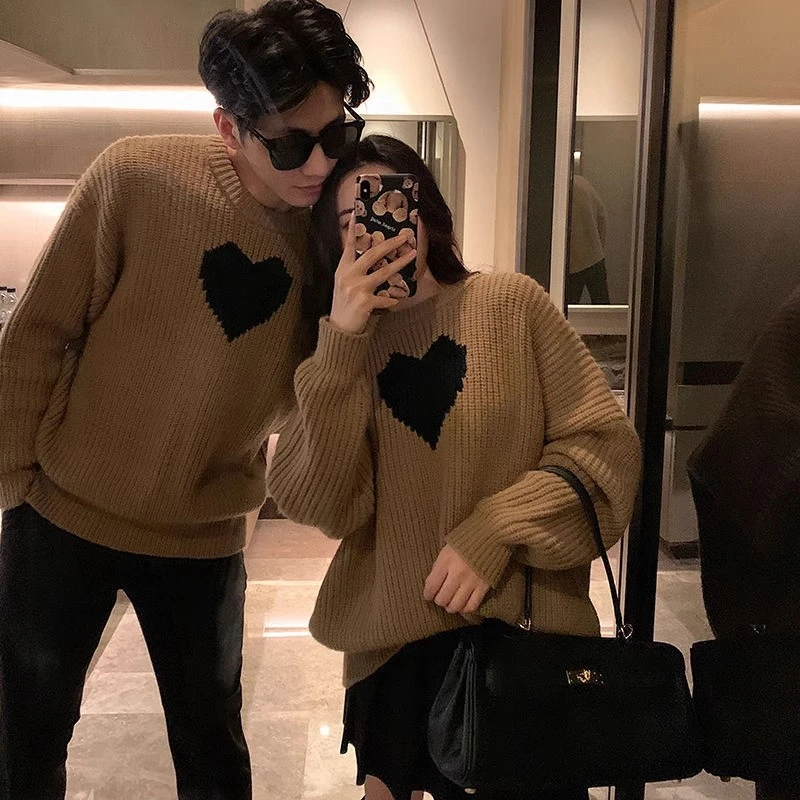 秋冬季新款套头圆领软软糯糯爱心毛衣情侣装外穿宽松慵懒风针织衫