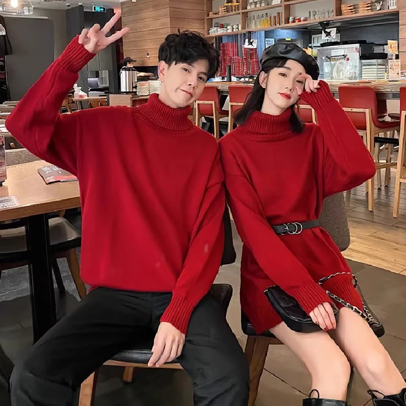 秋冬新款红色高领毛衣男宽松休闲新年装百搭针织衫情侣装一衣一裙