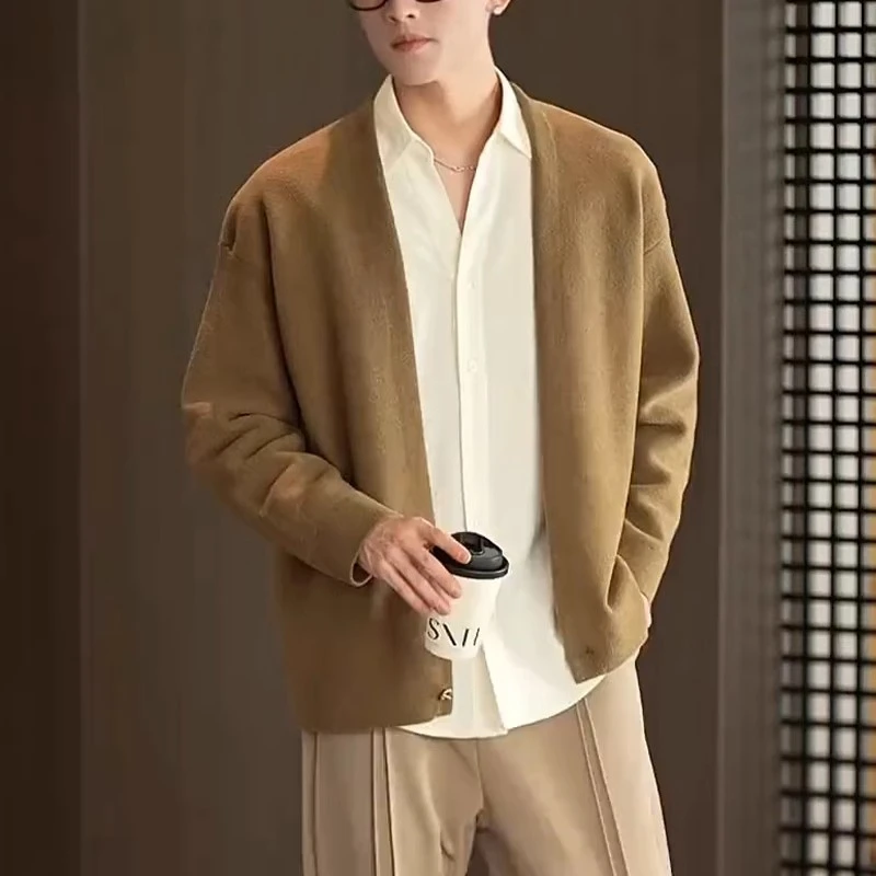 秋冬新品密织开衫男士休闲一粒扣毛衣开衫外套无领V毛衫针织外套