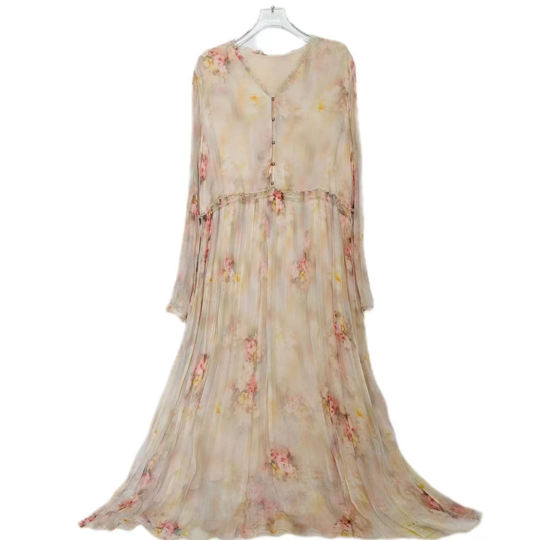 【2024-禾枫表弟】手绘花色桑蚕丝连衣裙HF24H002