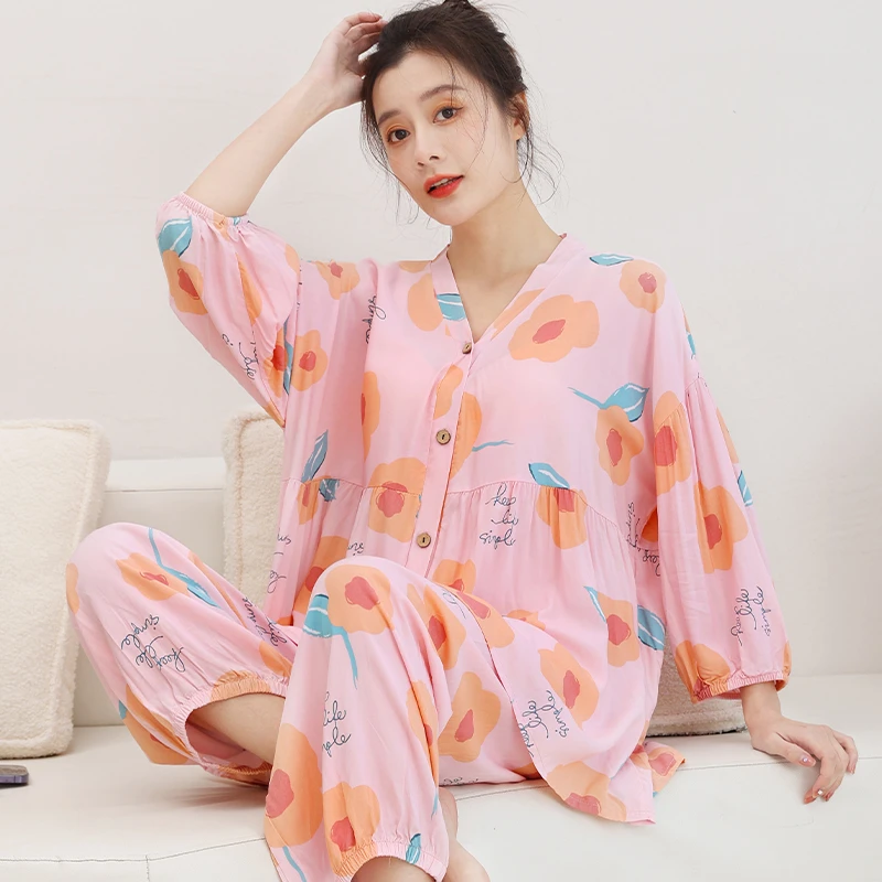 2023年新款流行春夏季时尚大码开衫灯笼袖套装女印花透气薄款睡衣