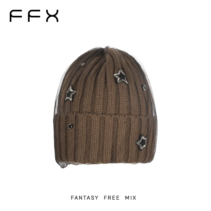 弗弗西FFX【繁星】网纱帽子时尚潮流百搭气质毛线帽女针织黑色保暖