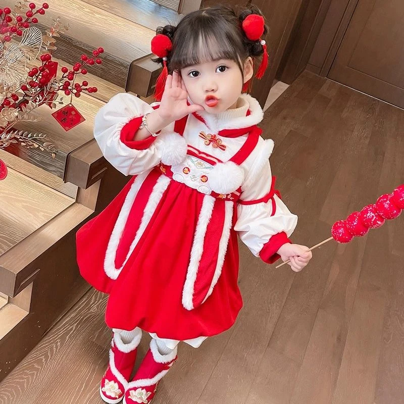 中国风套装拜年冬季女童唐装福兔过年衣服儿童汉服加绒加厚小女孩