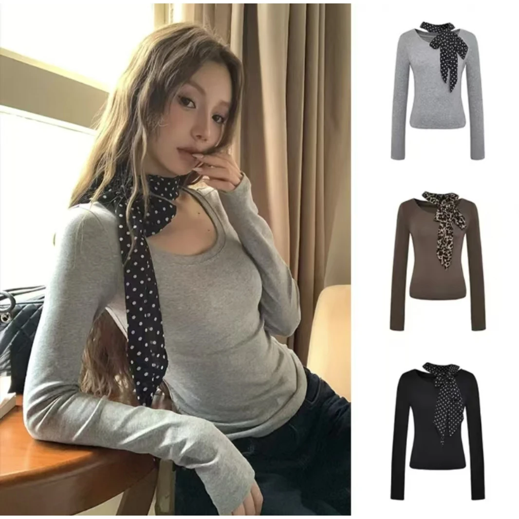 秋季纯欲U领正肩打底长袖T恤（配丝巾）