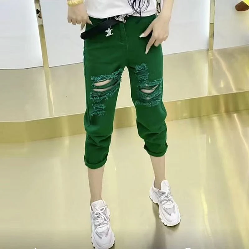 绿色裤子小个子破洞牛仔裤女ins高腰夏季磨破弹力七分八分小脚裤