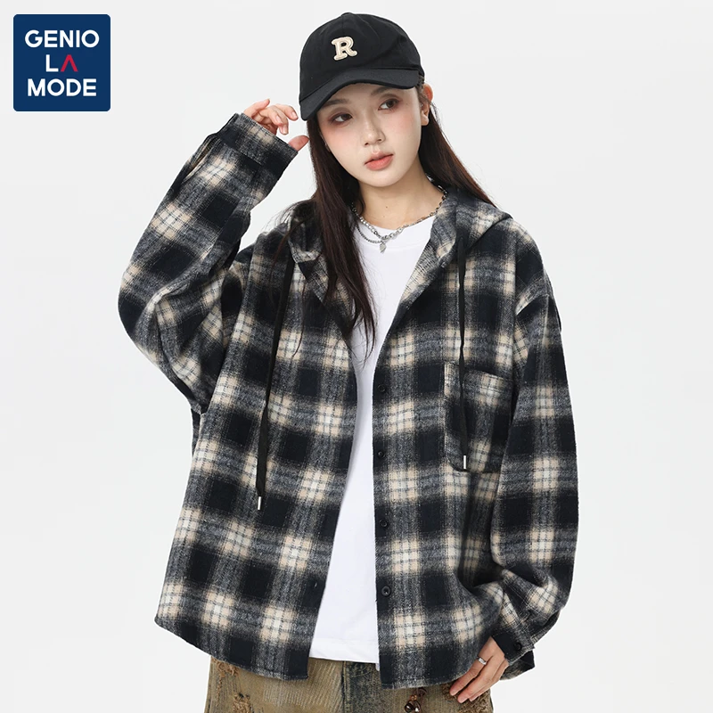 GENIO LAMODE设计感小众格子外套男女款春秋季慵懒风连帽衬衫上衣