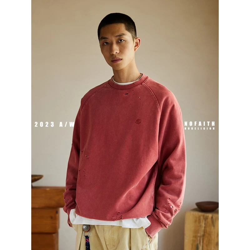 NOFAITH秋季新款美式破坏复古卫衣圆领宽松套头上衣男无信仰