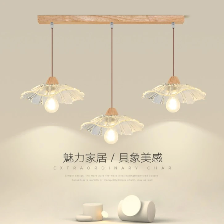 日式奶油风餐厅吊灯现代简约饭厅餐桌吧台灯北欧木艺荷叶民宿吊灯