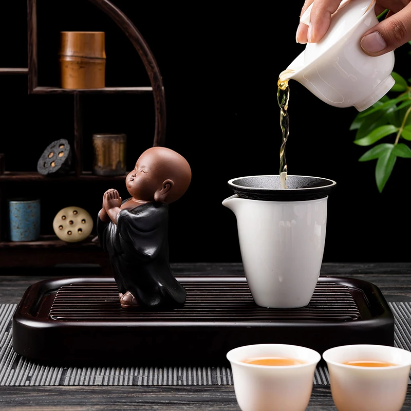 茶滤陶瓷过滤网茶道禅意小和尚滤茶器茶玩斗笠茶宠摆件家用茶漏
